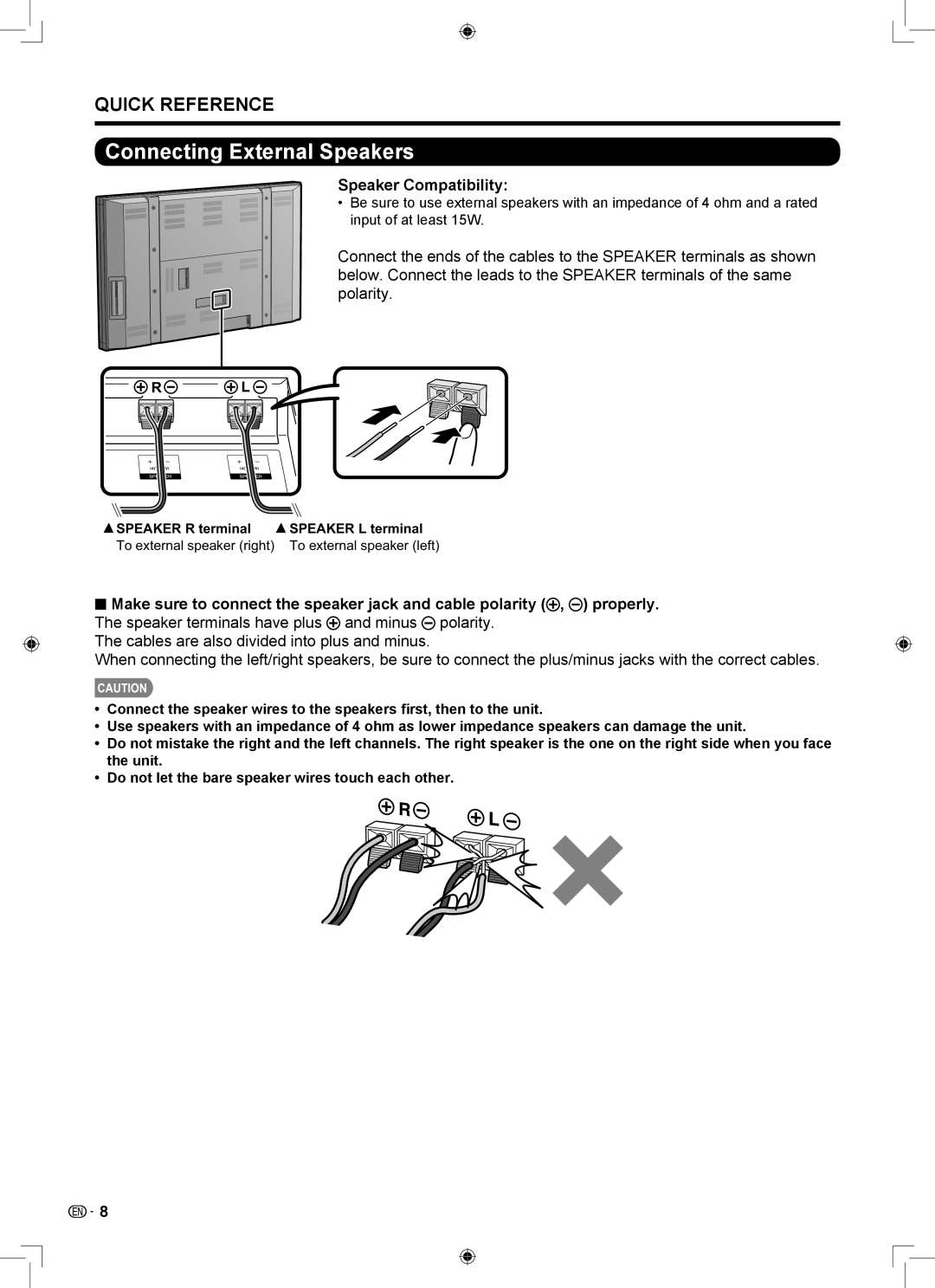 Sharp LB-1085 operation manual Connecting External Speakers, Speaker Compatibility 