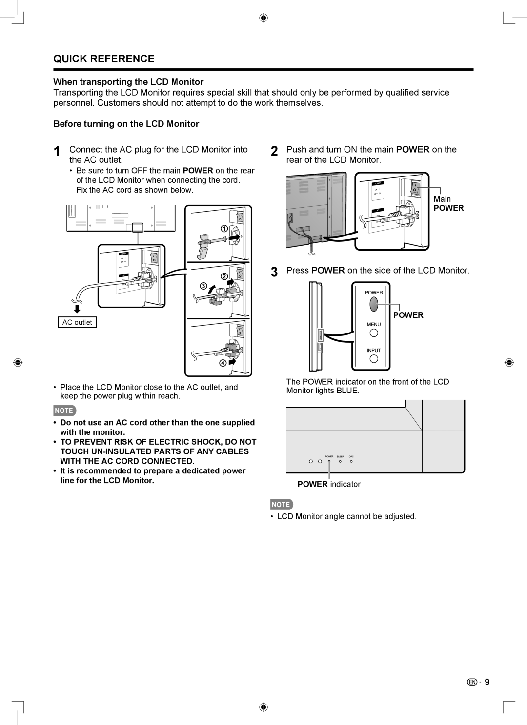 Sharp LB-1085 operation manual When transporting the LCD Monitor, Before turning on the LCD Monitor 