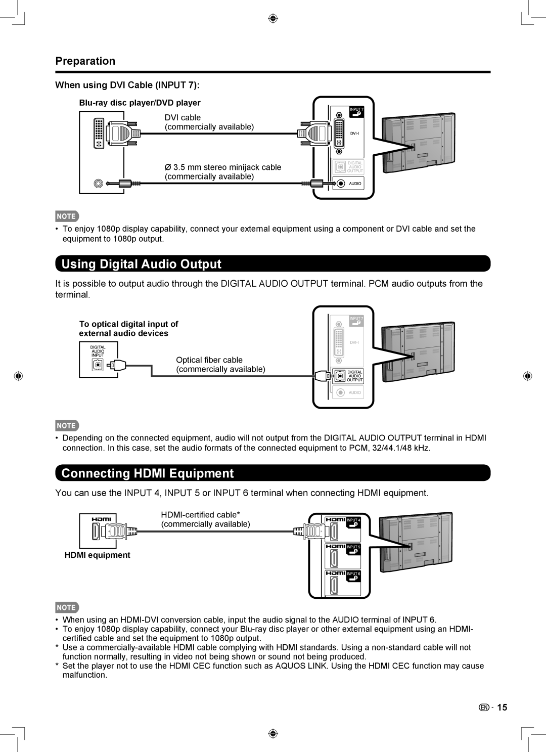 Sharp LB-1085 Using Digital Audio Output, Connecting Hdmi Equipment, When using DVI Cable Input, Hdmi equipment 