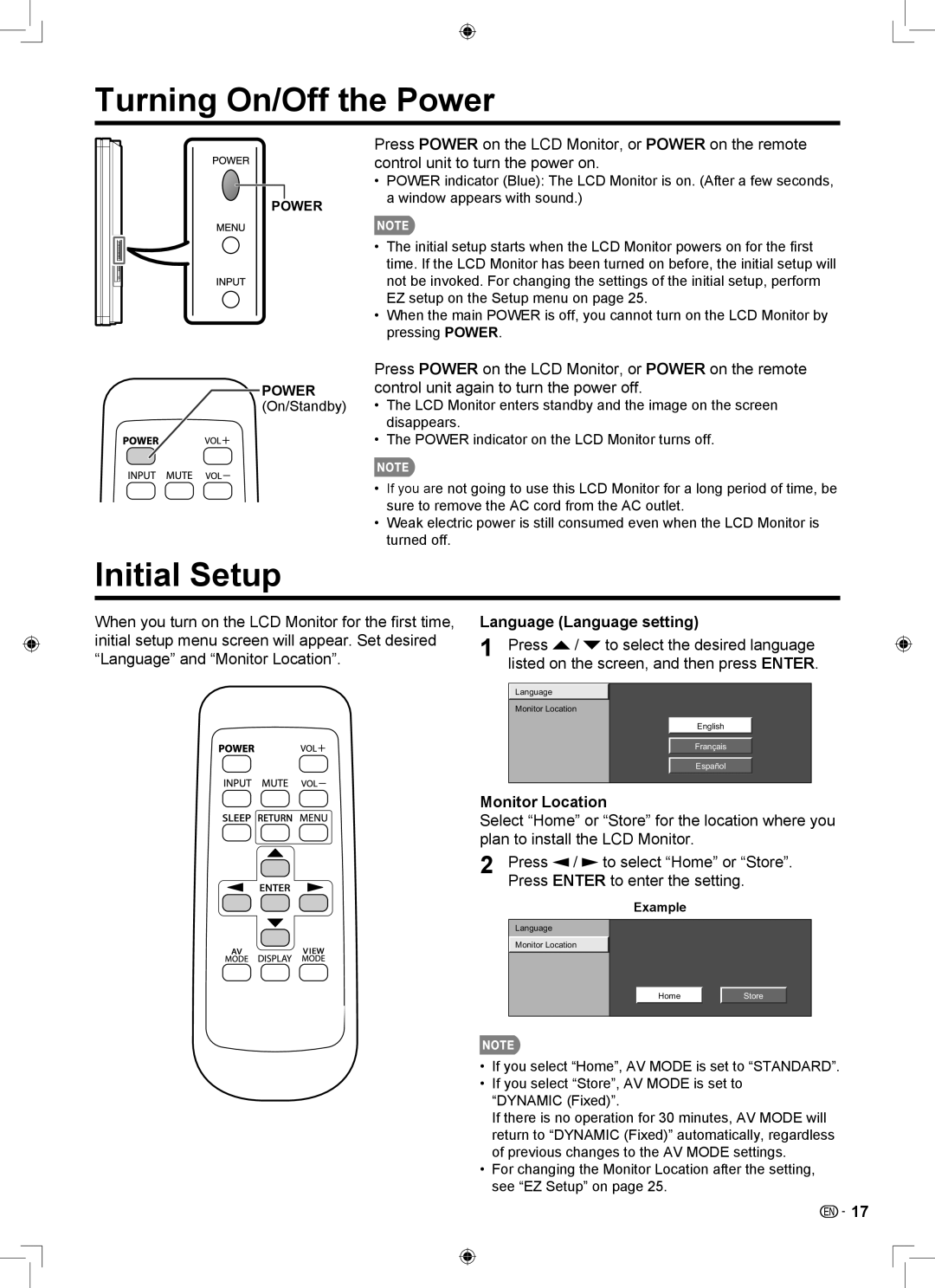 Sharp LB-1085 operation manual Turning On/Off the Power, Initial Setup, Language Language setting, Monitor Location 