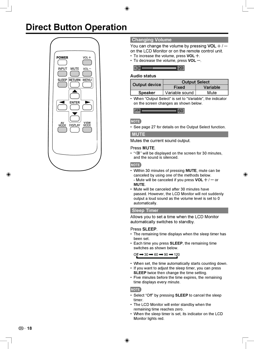 Sharp LB-1085 operation manual Direct Button Operation, Changing Volume, Sleep Timer 