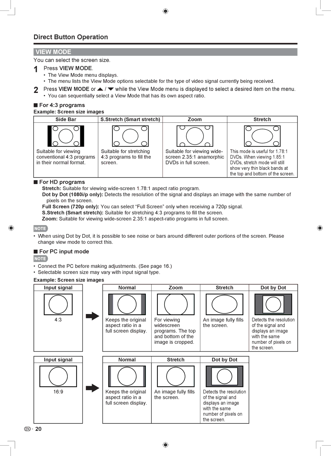 Sharp LB-1085 operation manual You can select the screen size, Press View Mode, For HD programs, For PC input mode 