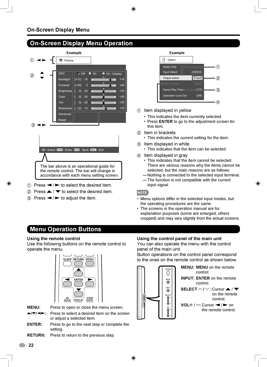 Sharp LB-1085 operation manual On-Screen Display Menu Operation, Menu Operation Buttons, Using the remote control 