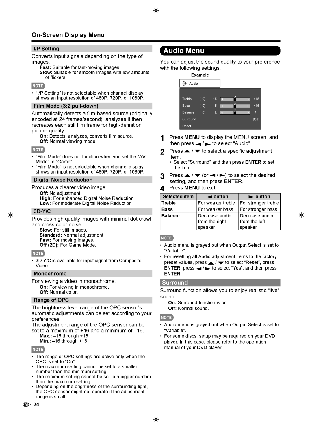 Sharp LB-1085 operation manual Audio Menu, Surround 