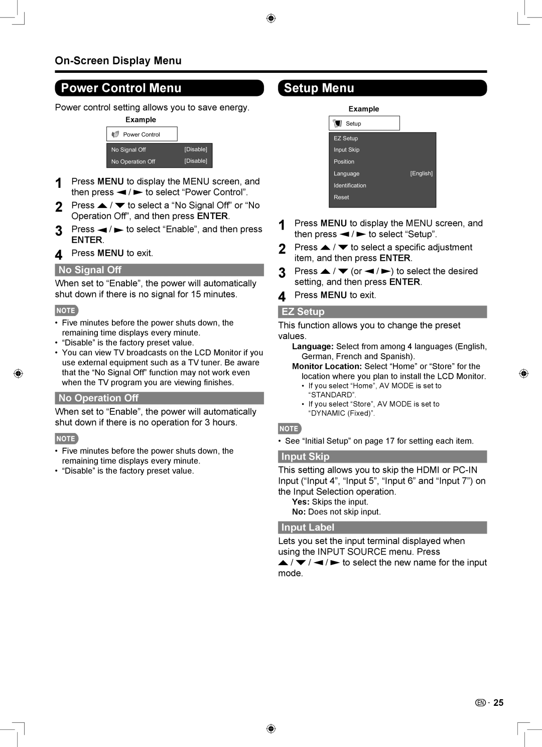 Sharp LB-1085 operation manual Power Control Menu, Setup Menu 