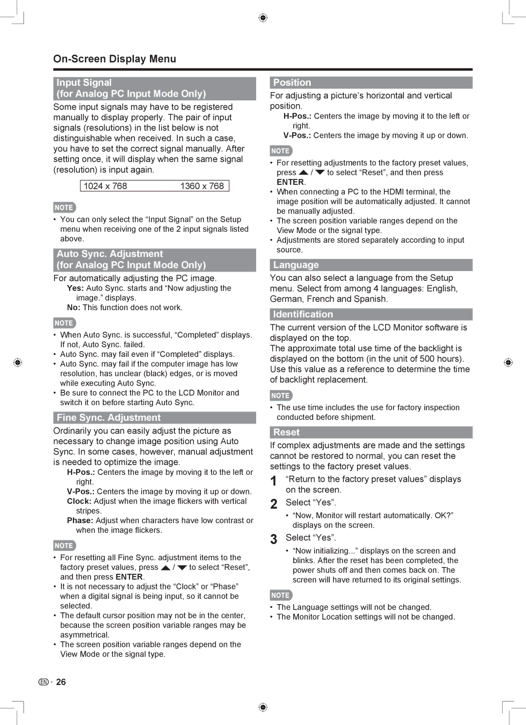 Sharp LB-1085 Input Signal For Analog PC Input Mode Only, Auto Sync. Adjustment For Analog PC Input Mode Only, Position 