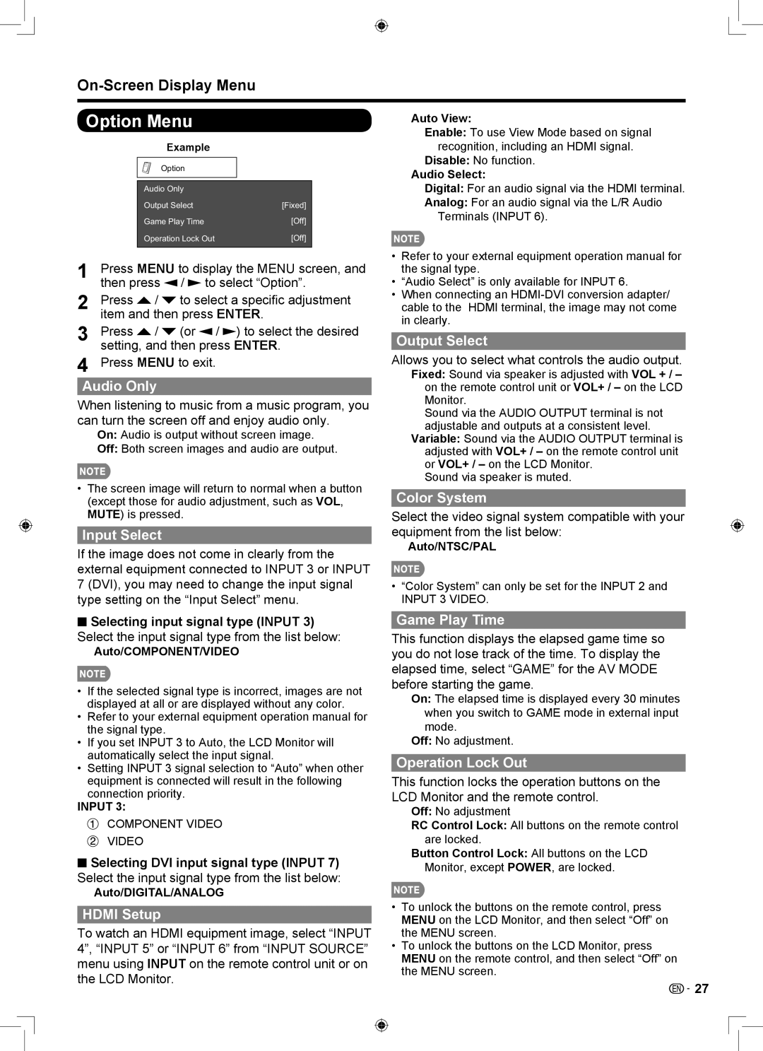 Sharp LB-1085 operation manual Option Menu 