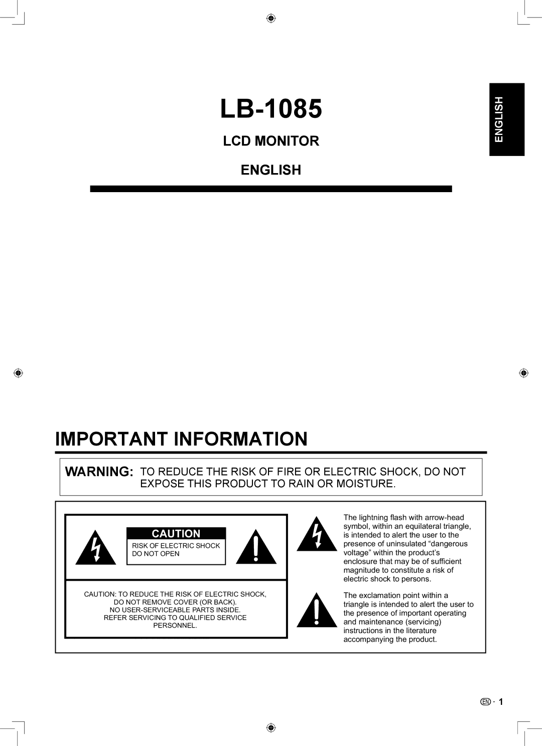 Sharp LB-1085 operation manual Important Information 