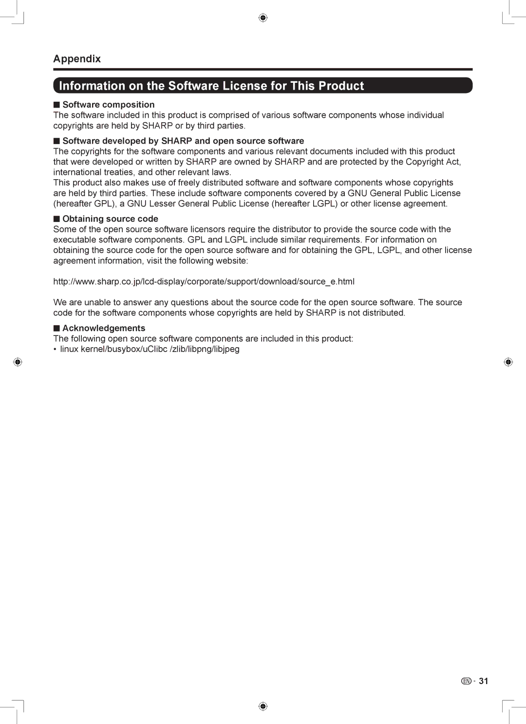 Sharp LB-1085 Information on the Software License for This Product, Software composition, Obtaining source code 