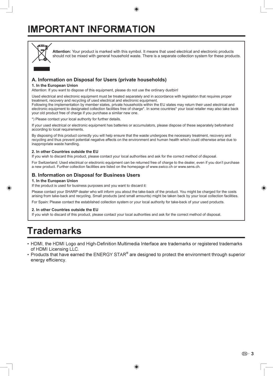 Sharp LB-1085 operation manual Trademarks, European Union, Other Countries outside the EU 