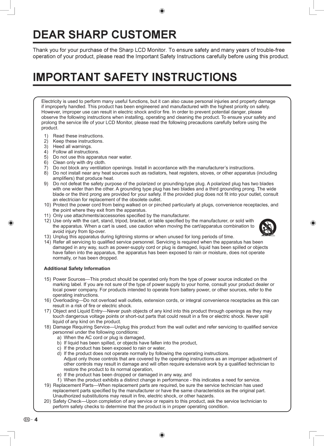 Sharp LB-1085 operation manual Dear Sharp Customer, Additional Safety Information 