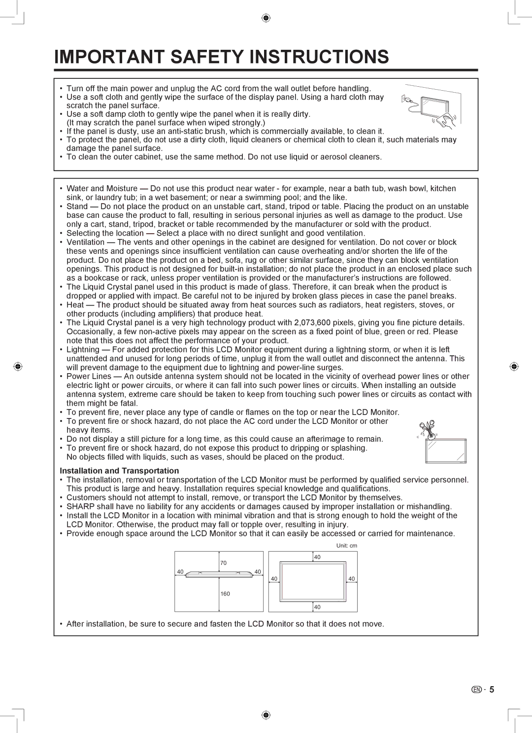 Sharp LB-1085 operation manual Installation and Transportation 