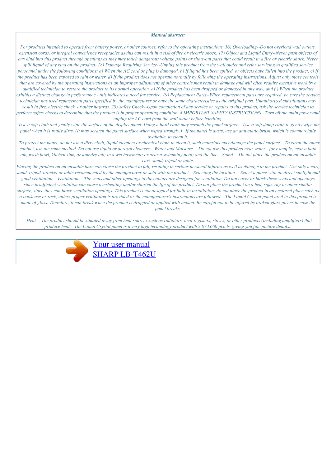 Sharp LB-T462U user manual Manual abstract, Available, to clean it 