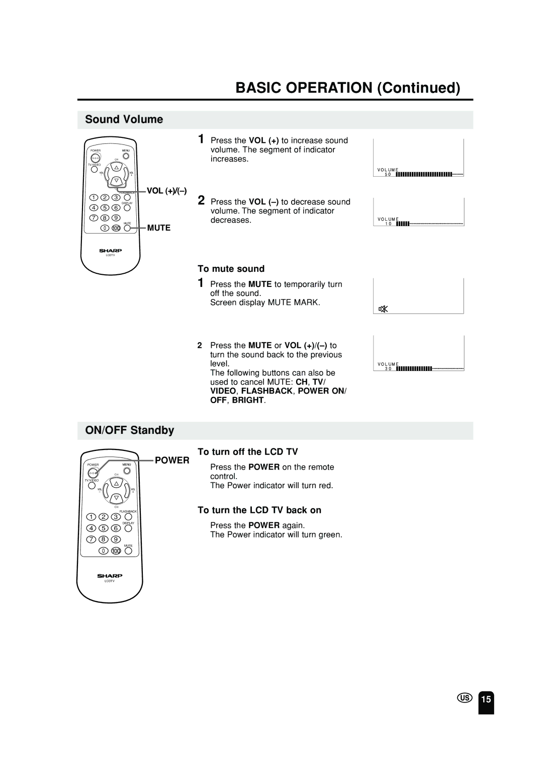 Sharp LC 10A2U operation manual Sound Volume, ON/OFF Standby, Power 