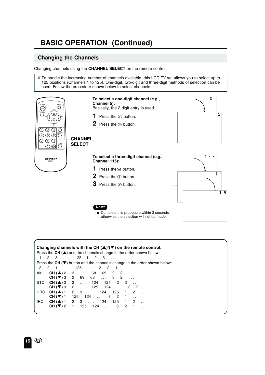 Sharp LC 10A2U operation manual Changing the Channels, Channel Select, Press the button Press the 5 button 