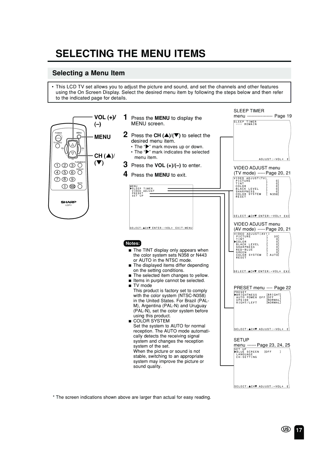 Sharp LC 10A2U Selecting the Menu Items, Selecting a Menu Item, Press the VOL +/-to enter Press the Menu to exit 