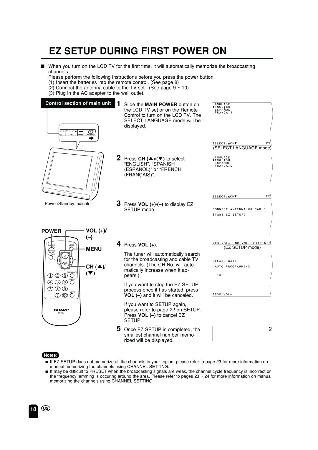 Sharp LC 10A2U operation manual EZ Setup During First Power on, Chmenu 