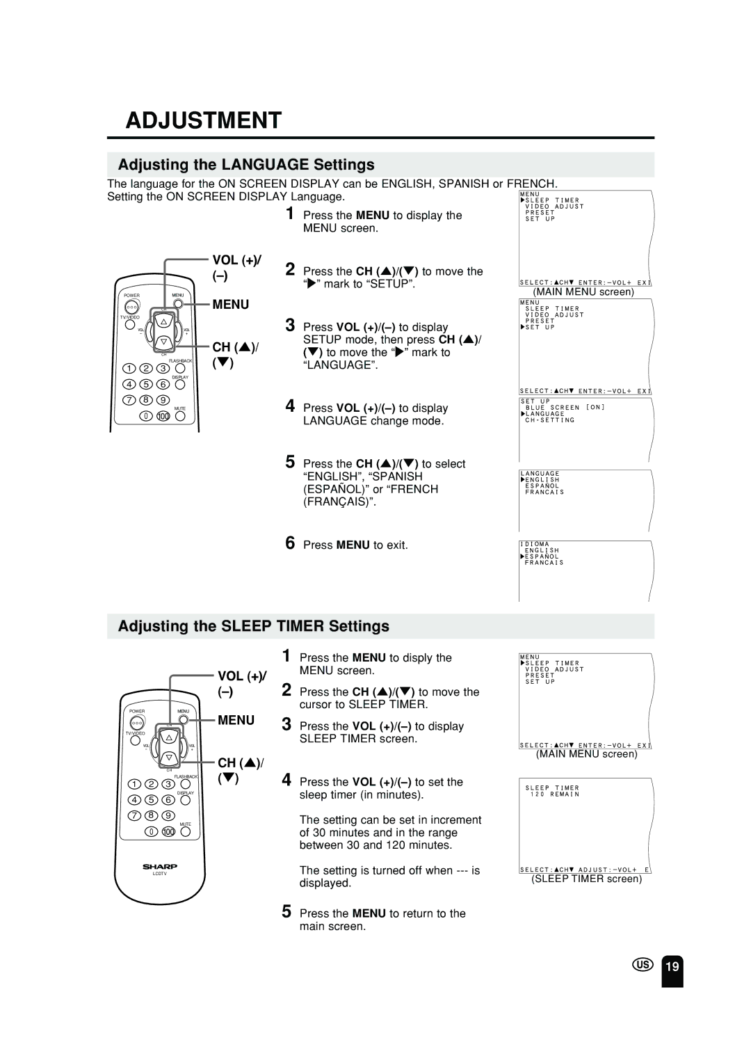 Sharp LC 10A2U operation manual Adjustment, Adjusting the Language Settings, Adjusting the Sleep Timer Settings 