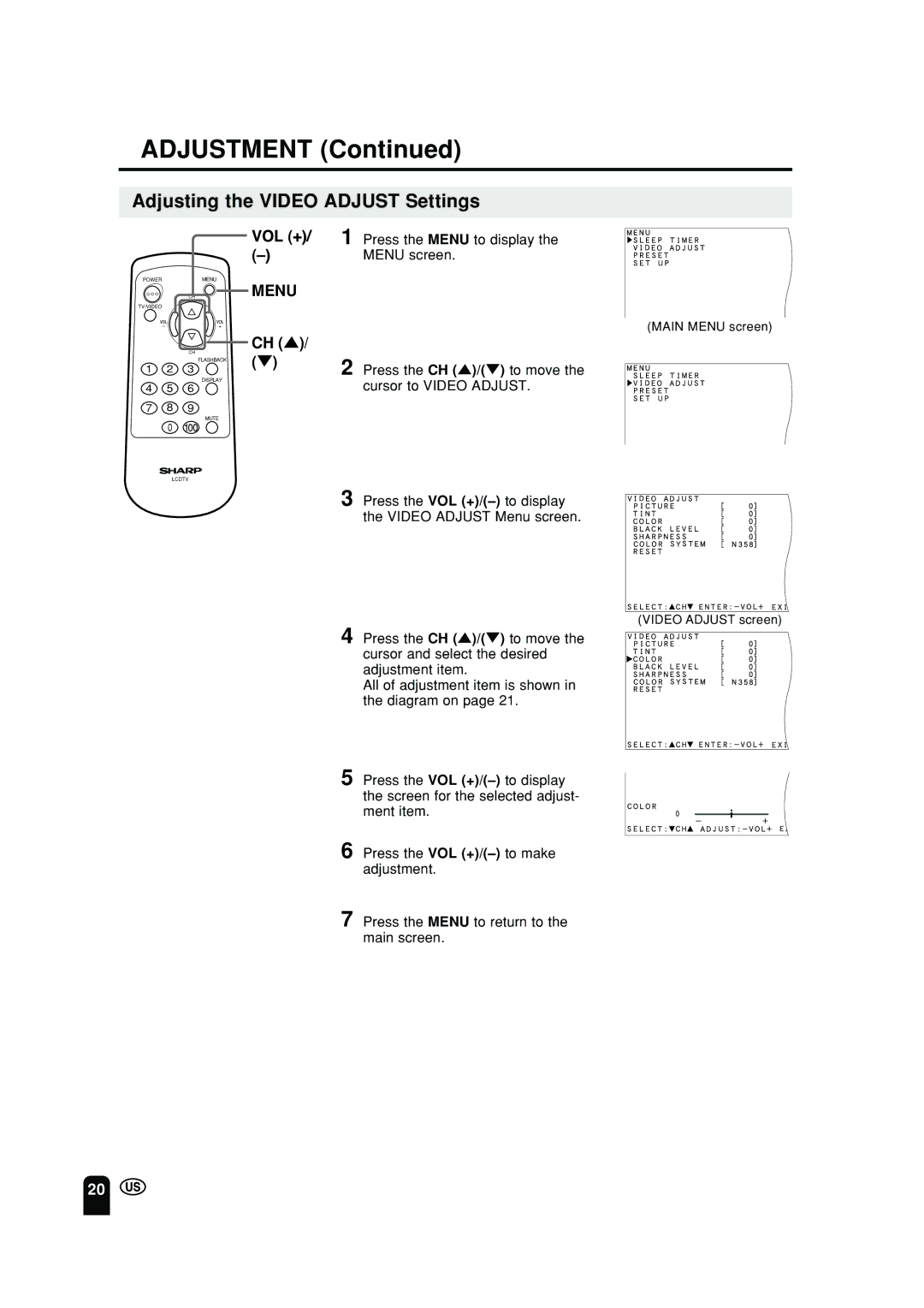 Sharp LC 10A2U operation manual Adjustment, Adjusting the Video Adjust Settings, Press the Menu to display the Menu screen 