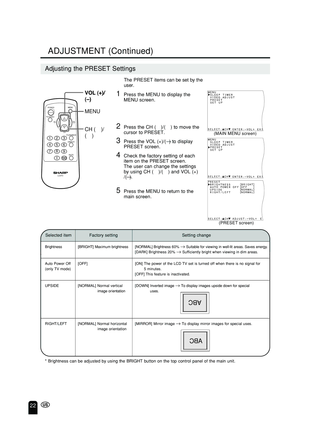 Sharp LC 10A2U operation manual Adjusting the Preset Settings, Press the CH / to move Cursor to Preset 