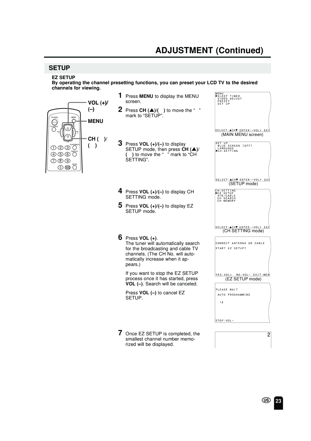 Sharp LC 10A2U operation manual Setup, VOL -. Search will be canceled Press VOL to cancel EZ 