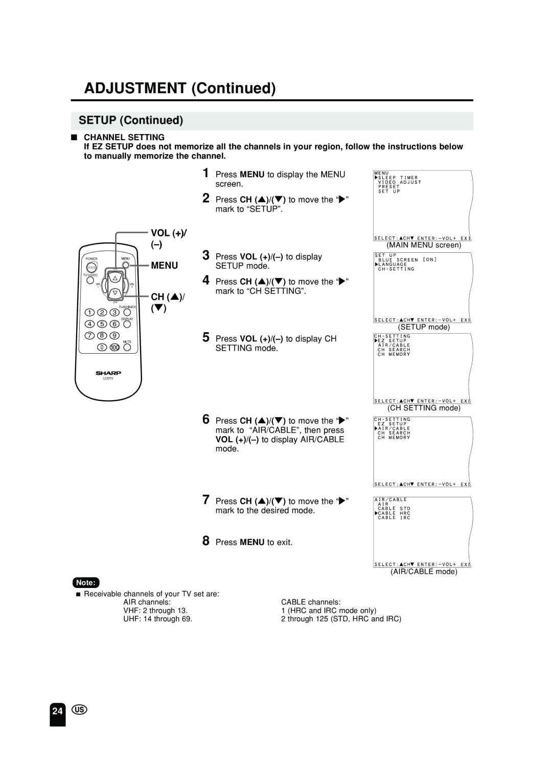 Sharp LC 10A2U operation manual Press VOL +/-to display Menu Setup mode Press CH / to move, Mark to CH Setting 