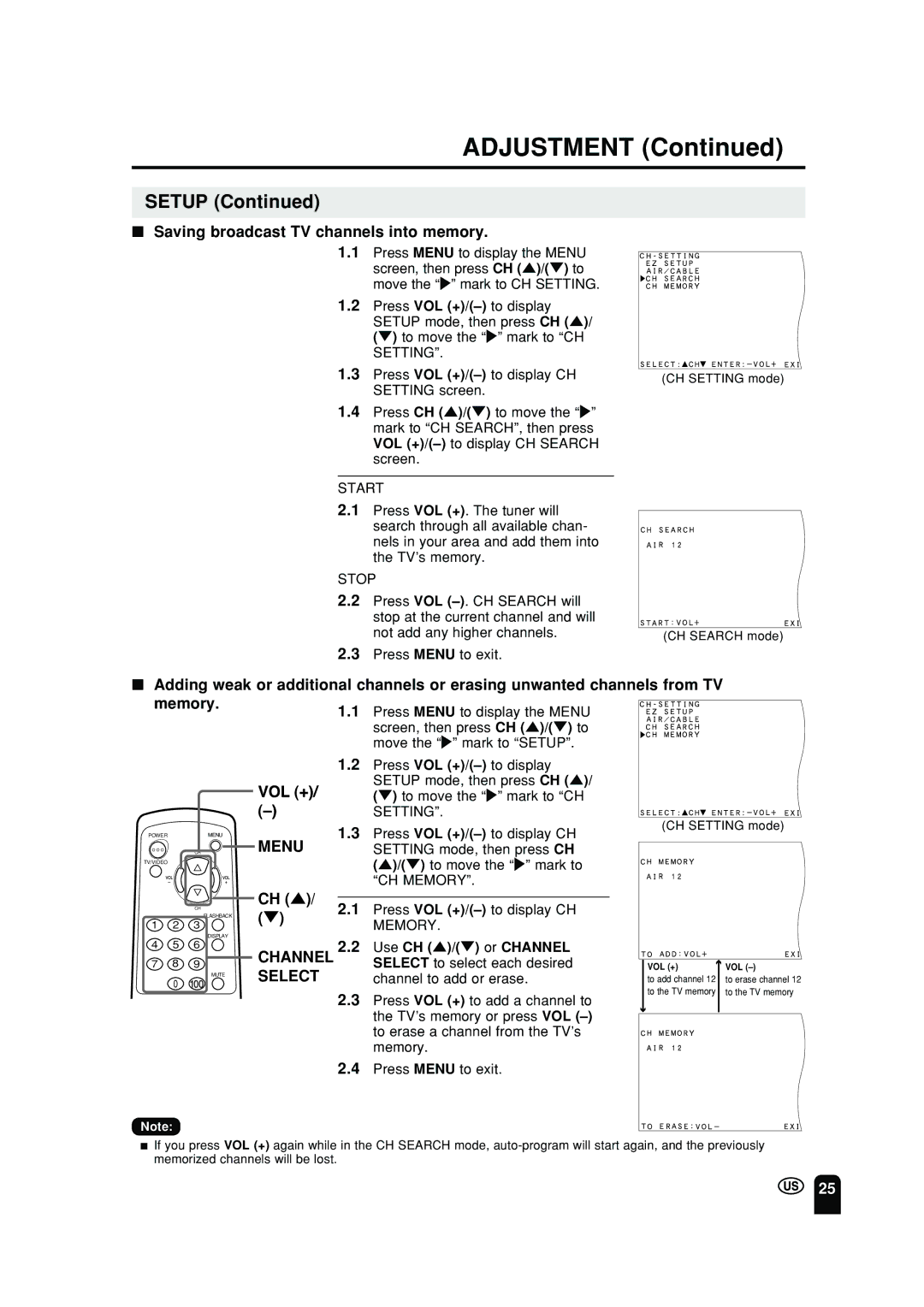 Sharp LC 10A2U Saving broadcast TV channels into memory, Press VOL +/-to display CH Setting mode, then press CH 