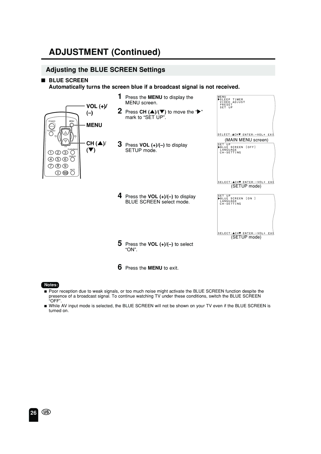 Sharp LC 10A2U operation manual Adjusting the Blue Screen Settings, Press VOL +/-to display Setup mode 