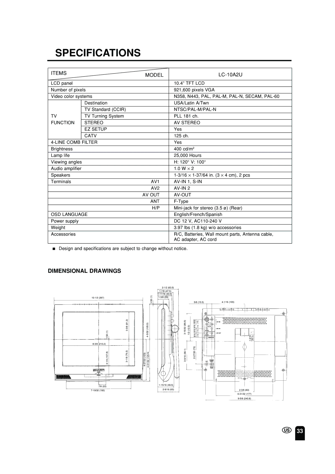 Sharp LC 10A2U operation manual Specifications, Dimensional Drawings, LC-10A2U 