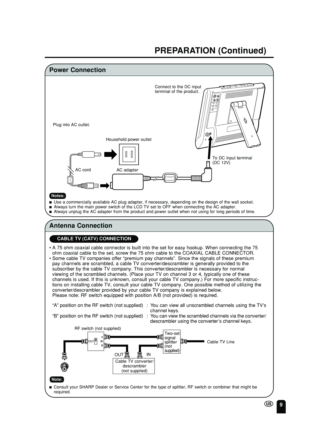 Sharp LC 10A2U operation manual Preparation, Power Connection, Antenna Connection 