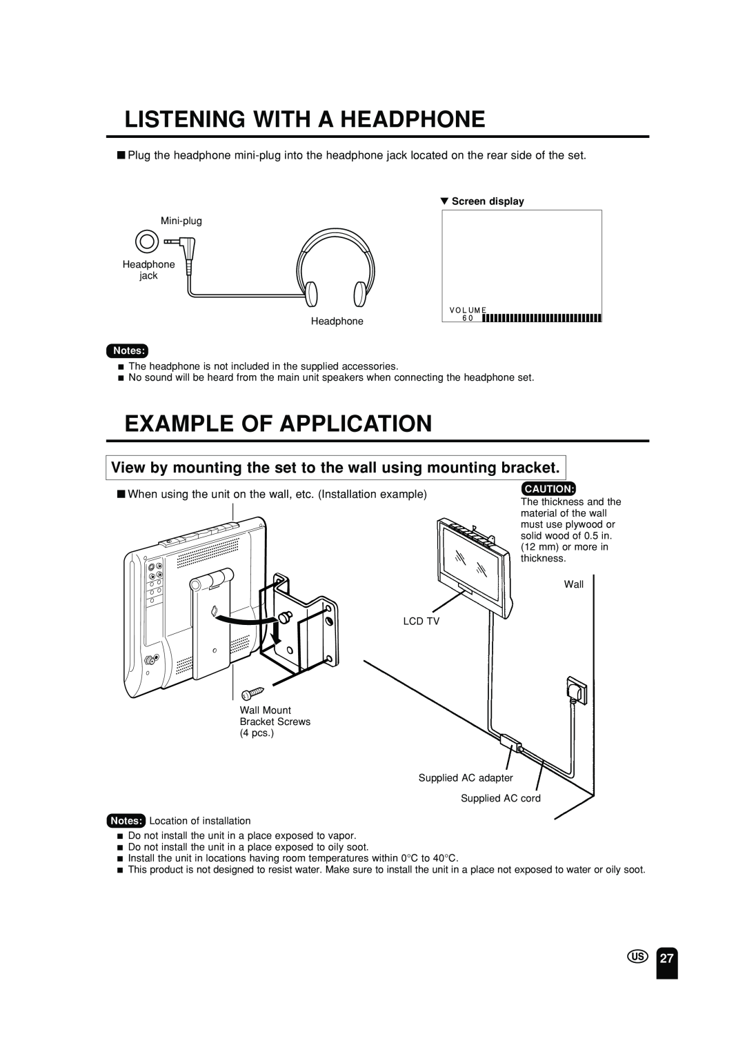 Sharp LC 10A2U operation manual Listening With A Headphone, Example Of Application, Screen display 