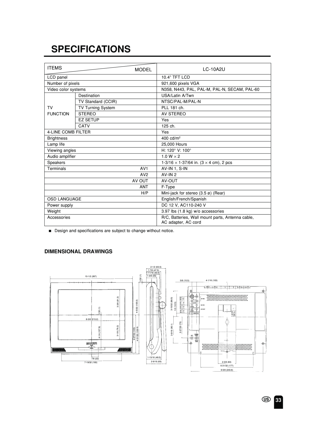 Sharp LC 10A2U operation manual Specifications, Dimensional Drawings 
