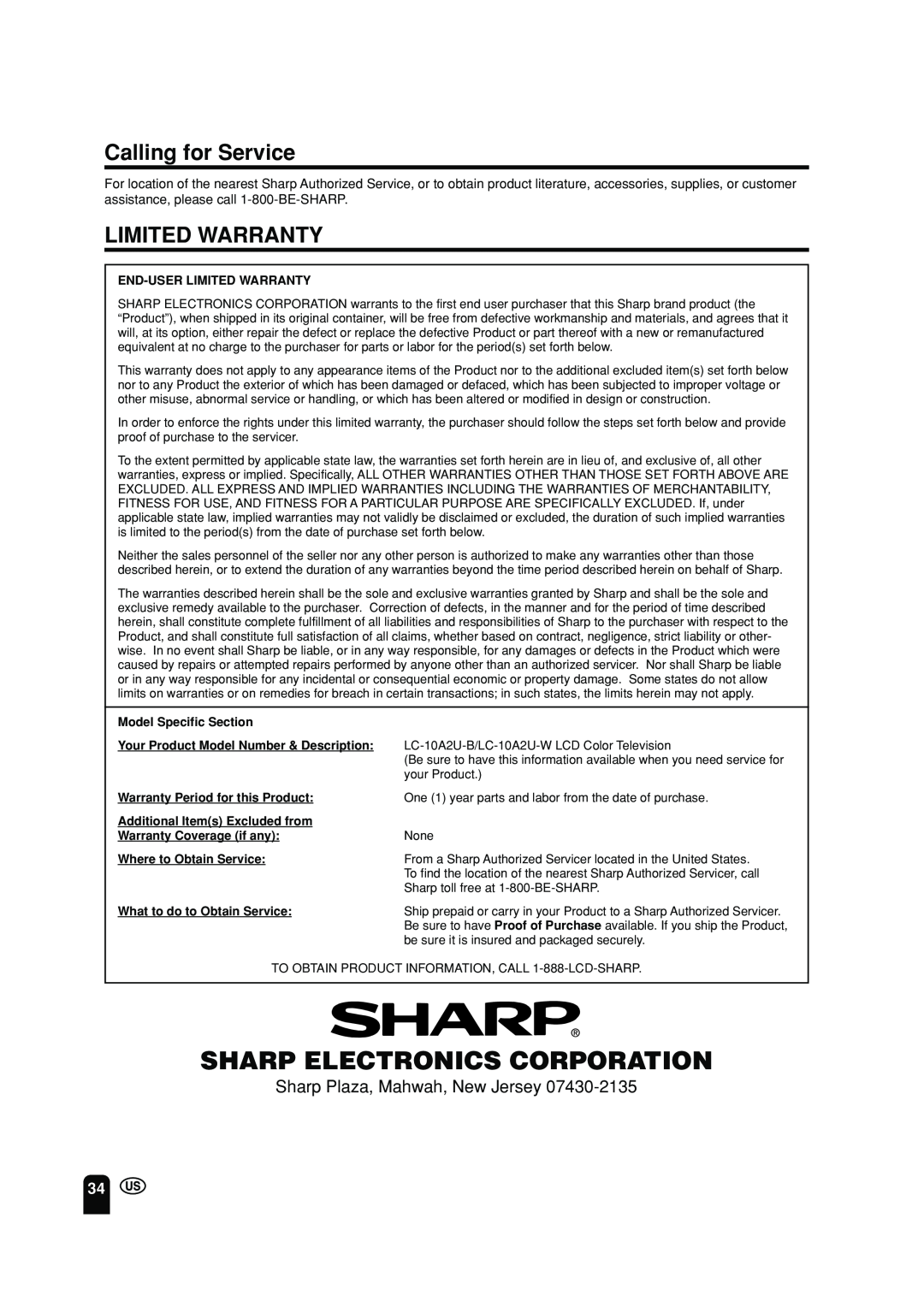 Sharp LC 10A2U Sharp Electronics Corporation, Calling for Service, Limited Warranty, Sharp Plaza, Mahwah, New Jersey 