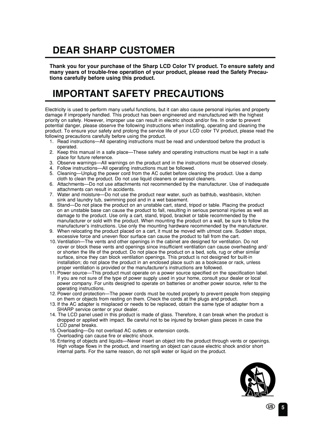 Sharp LC 10A2U operation manual Dear Sharp Customer, Important Safety Precautions 