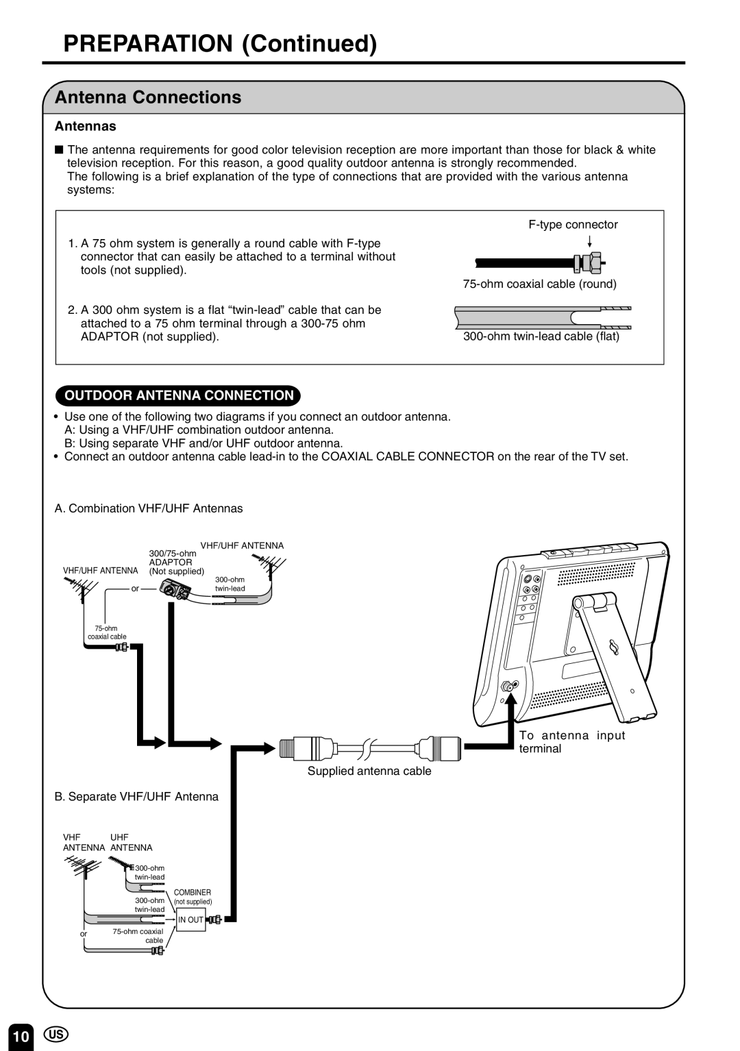 Sharp LC 10A3U operation manual Antenna Connections, Antennas 