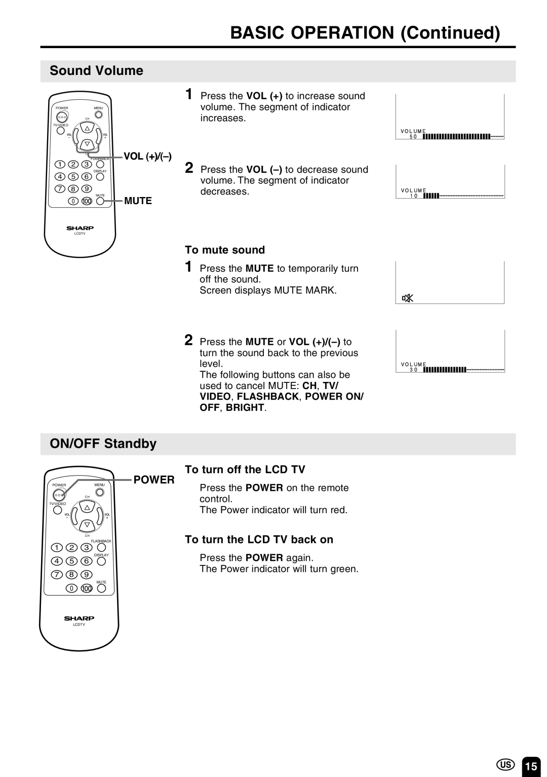 Sharp LC 10A3U operation manual Sound Volume, ON/OFF Standby, Mute, VIDEO, FLASHBACK, Power ON/ OFF, Bright 