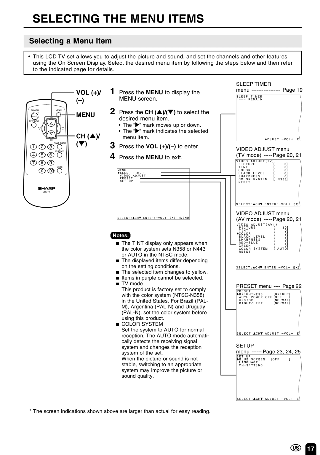 Sharp LC 10A3U operation manual Selecting the Menu Items, Selecting a Menu Item 