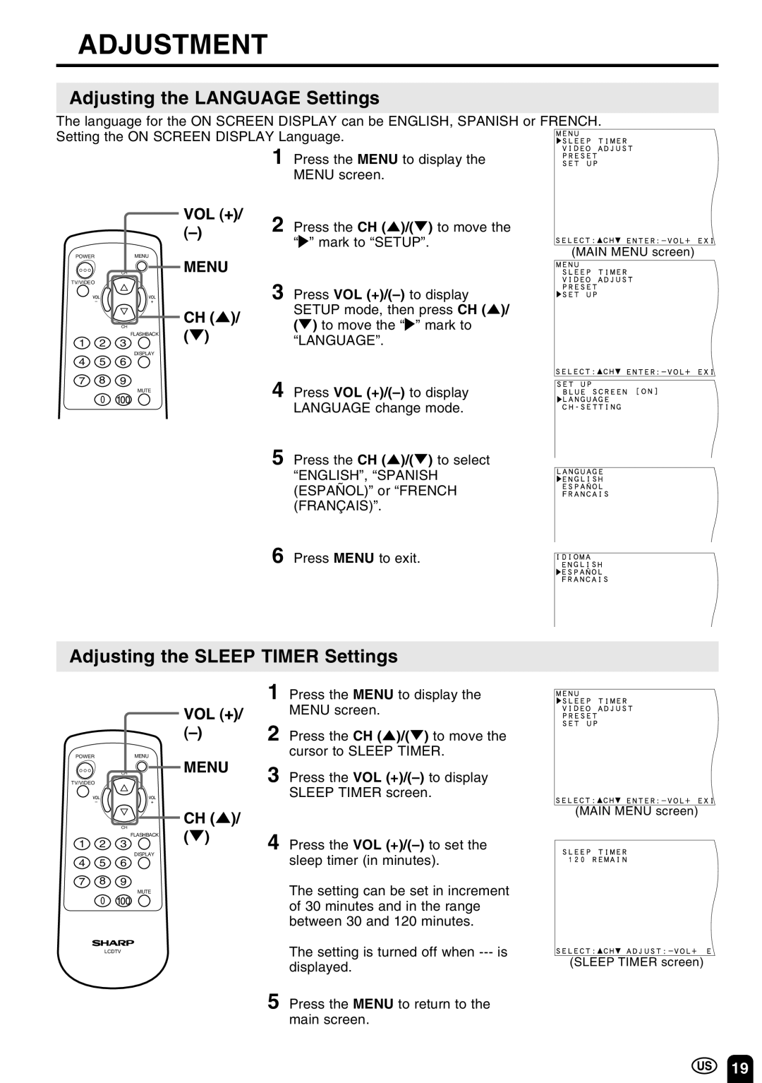 Sharp LC 10A3U operation manual Adjustment, Adjusting the Language Settings, Adjusting the Sleep Timer Settings 