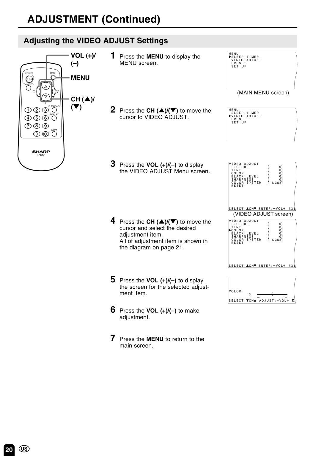 Sharp LC 10A3U operation manual Adjustment, Adjusting the Video Adjust Settings 