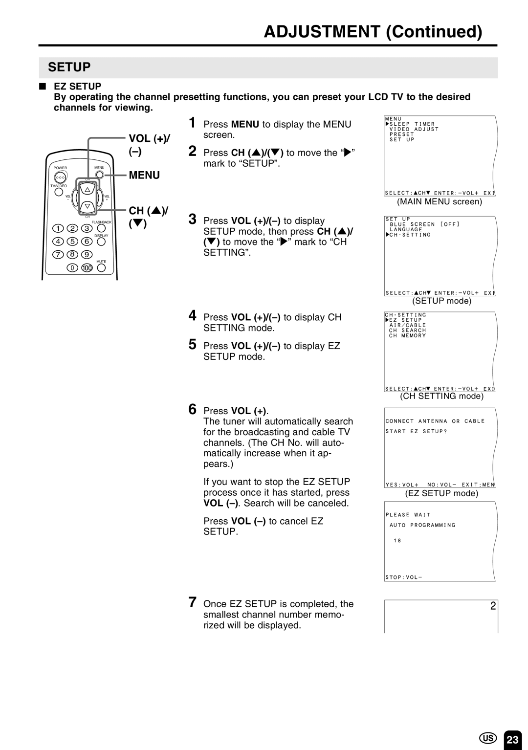 Sharp LC 10A3U operation manual EZ Setup, VOL -. Search will be canceled Press VOL to cancel EZ 