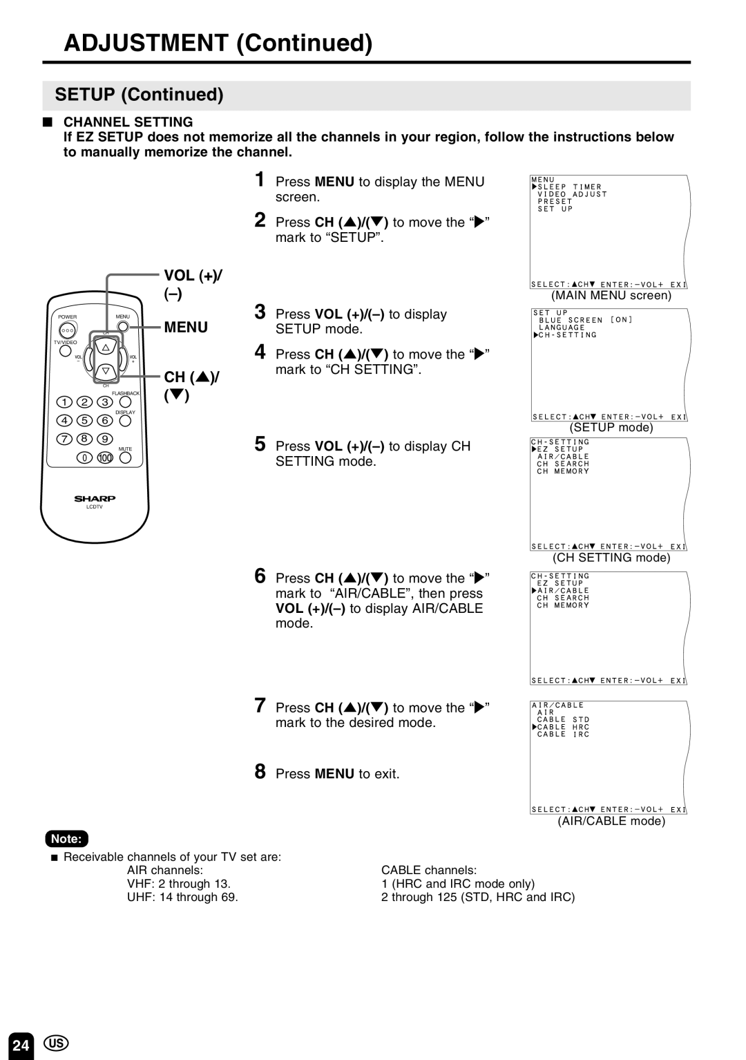 Sharp LC 10A3U operation manual Setup, Channel Setting, Press VOL +/-to display CH Setting mode 