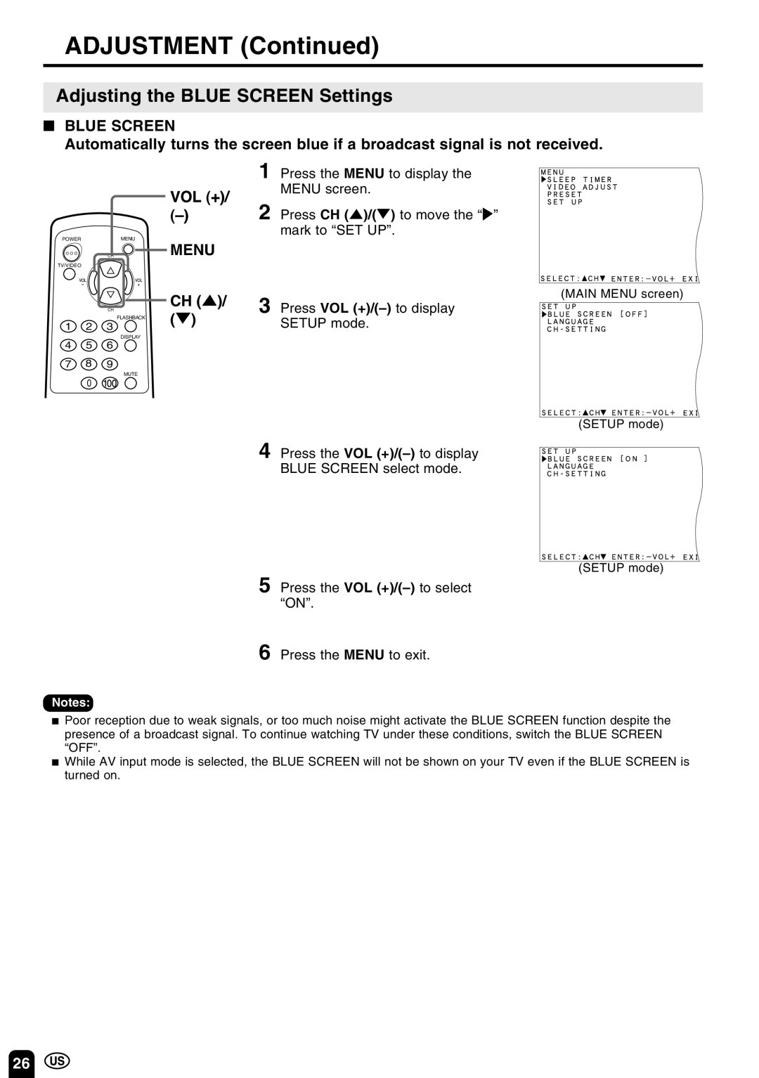 Sharp LC 10A3U operation manual Adjusting the Blue Screen Settings, Press VOL +/-to display Setup mode 