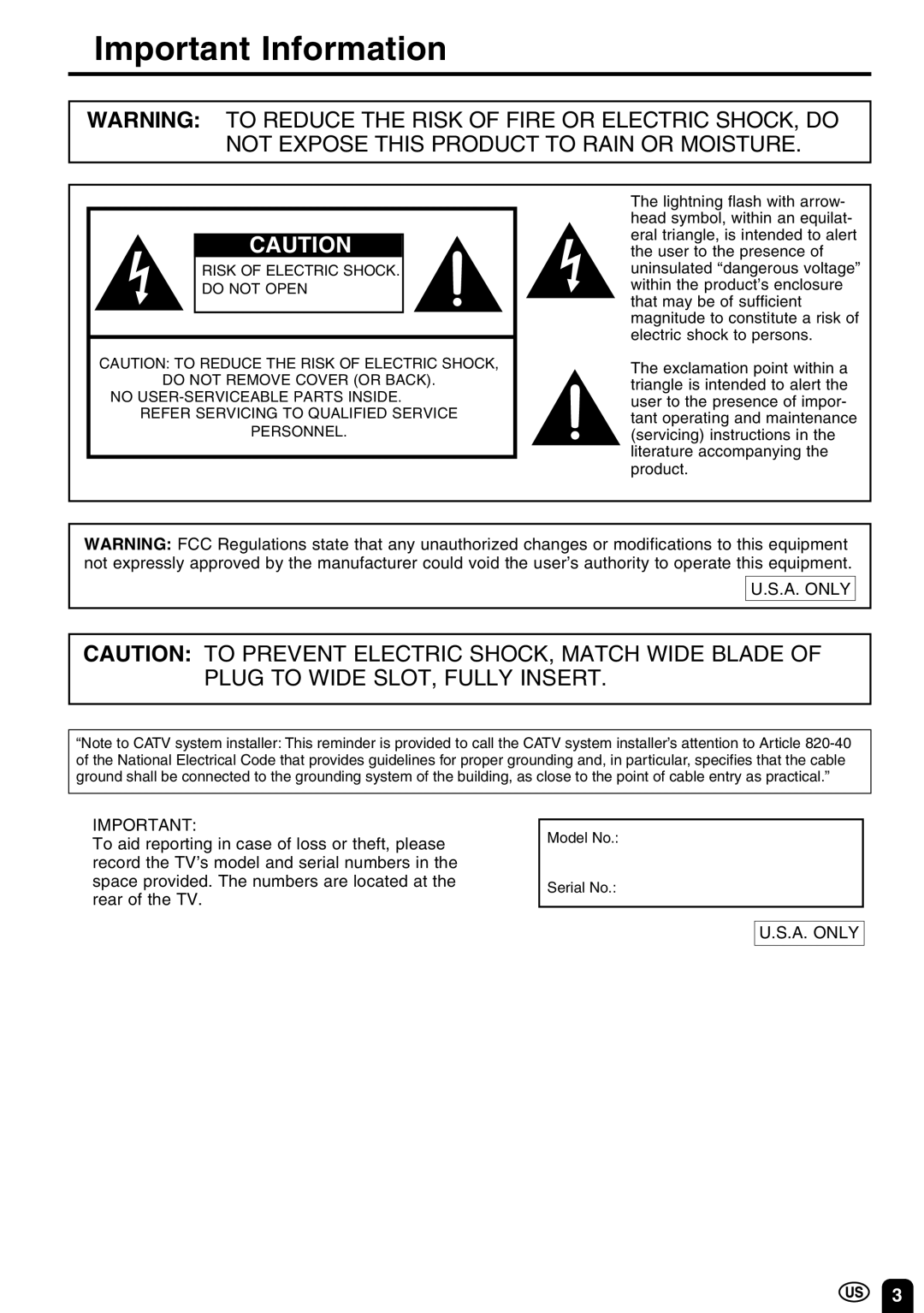 Sharp LC 10A3U operation manual Important Information, A. only 