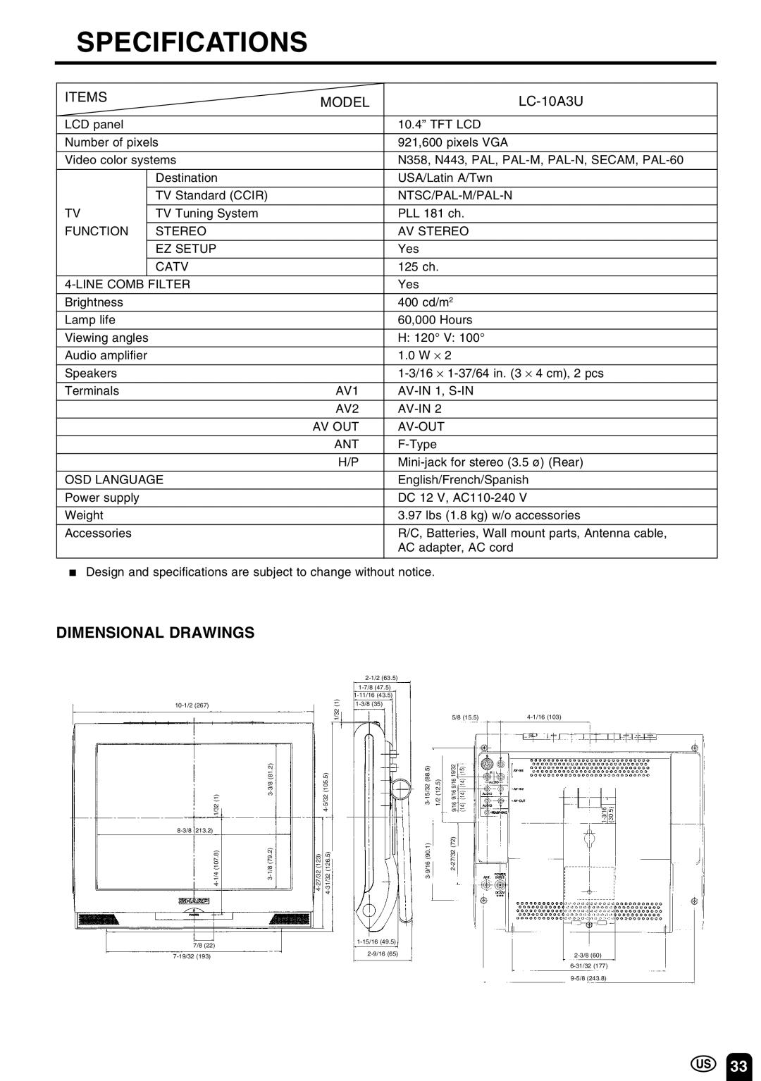 Sharp LC 10A3U operation manual Specifications, Dimensional Drawings, Items Model, LC-10A3U 