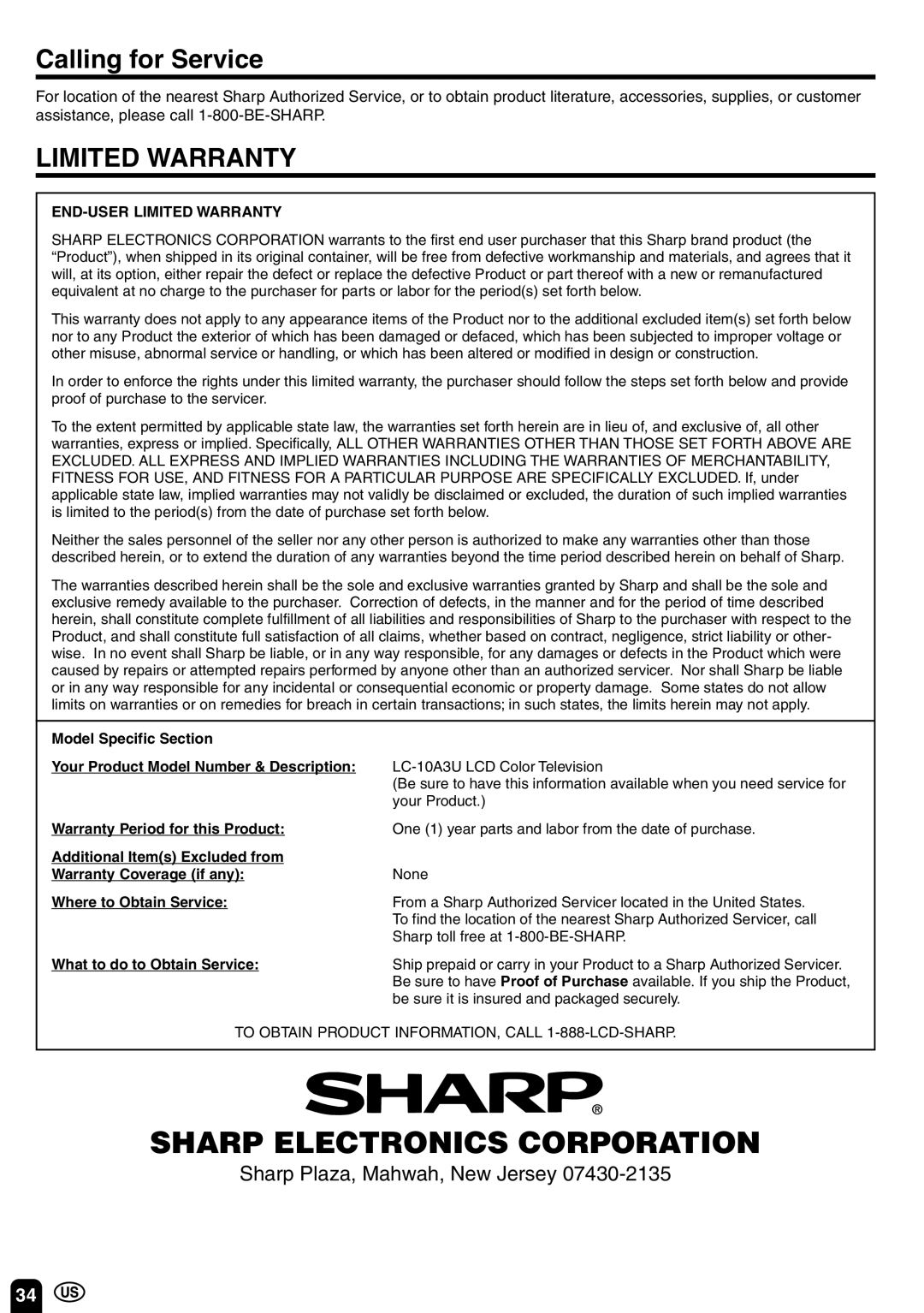 Sharp LC 10A3U operation manual Sharp Electronics Corporation 