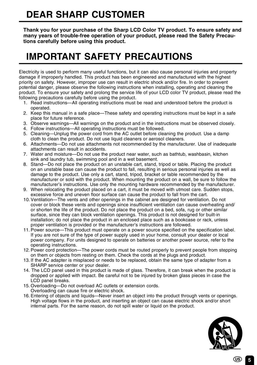 Sharp LC 10A3U operation manual Dear Sharp Customer, Important Safety Precautions 