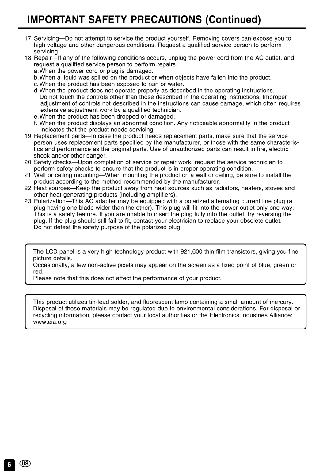 Sharp LC 10A3U operation manual Important Safety Precautions 