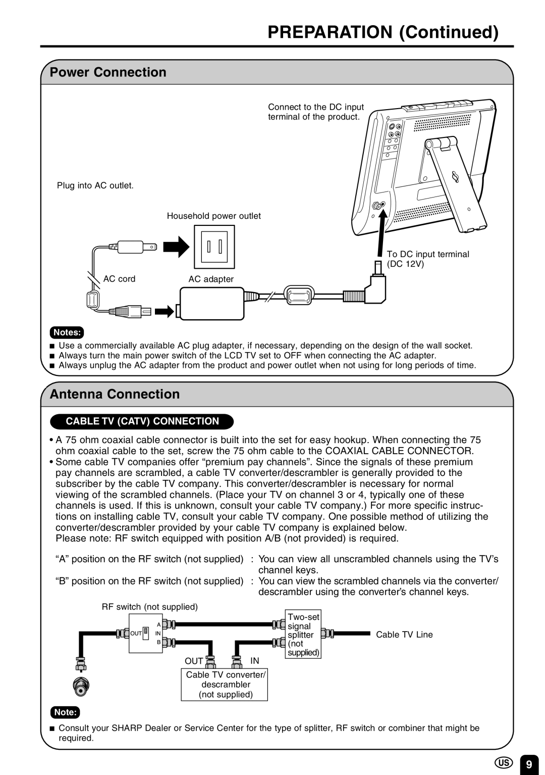 Sharp LC 10A3U operation manual Preparation, Power Connection, Antenna Connection 