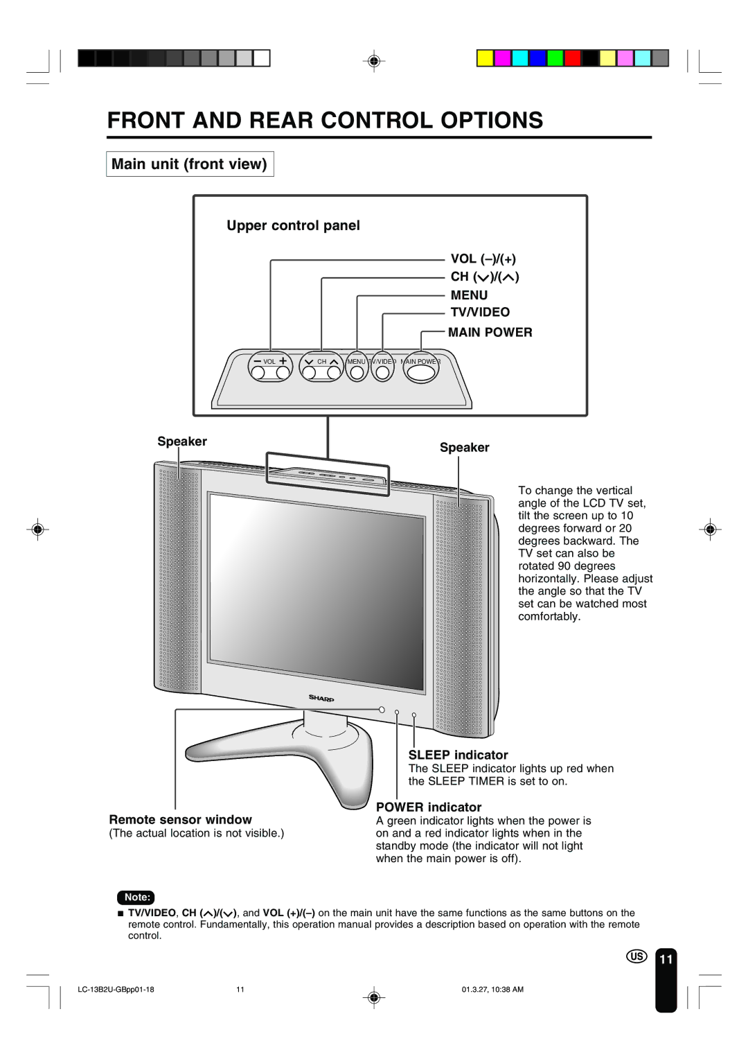 Sharp LC-13B2U operation manual Front and Rear Control Options, Main unit front view, Menu TV/VIDEO Main Power 