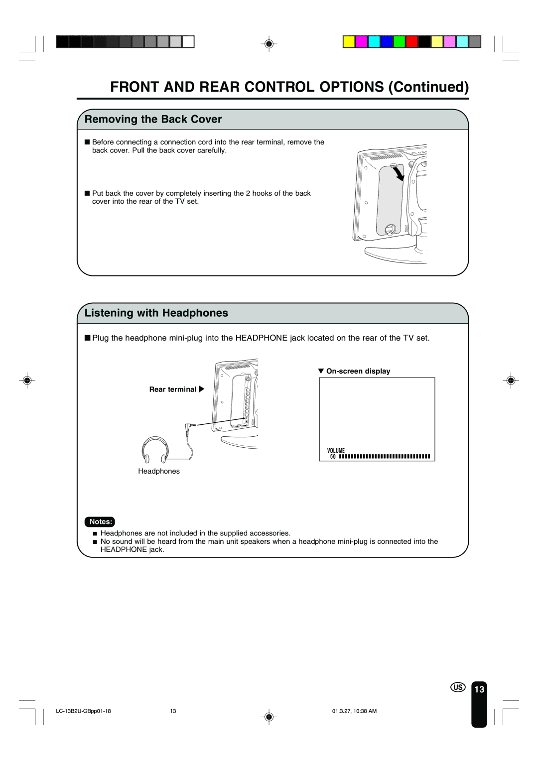 Sharp LC-13B2U operation manual Removing the Back Cover, Listening with Headphones 